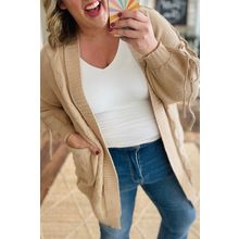 Parchment Cable Knit Braided Tie Sleeve Plus Size Open Cardigan