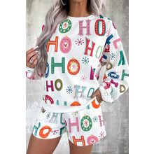White Ho Ho Ho Christmas Fashion Print 2pcs Lounge Short Set