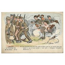 Postcard WW1 Sketches of Tommy's Life British Army At the Base 6 marching girls