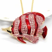 Fashion Women Pink Enamel Cute Tropical Fish Crystal Pendant Chain Necklace