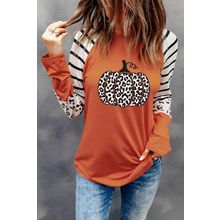 Orange Leopard Pumpkin Graphic Contrast Long Sleeve Top