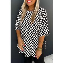 Black Checkered Print Side Slits O Neck Plus Size T Shirt