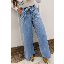 Beau Blue Western Washed Bow Knot Sash Wide Leg Jeans