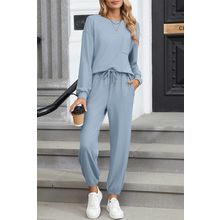 Dusk Blue Solid Color Ribbed Loose Long Sleeve Top Casual Pant Set