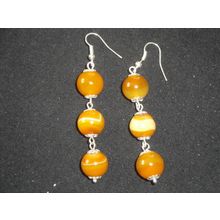Impressive triple drop brown cream & white banded round agate earrings