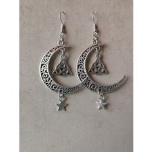 Triquetra Trinity Knot Celtic Crescent Moon And Star Drop Dangle Earrings