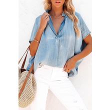 Sky Blue Split V Neck Oversized Denim Blouse
