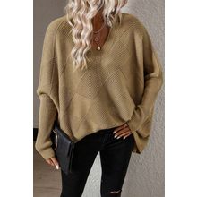Camel Checkered Textured Batwing Sleeve Sweater