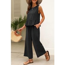 Black Solid Color Ribbed Ruffle Tank Top and Pants Set