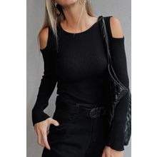 Black Ribbed Knit Cold Shoulder Sweater