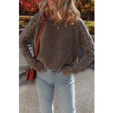 Dark Brown Contrast Cable Knit Sleeve Casual Sweater