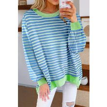 Sky Blue Stripe Contrast Trim High Low Pullover Tunic Sweatshirt