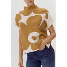 Camel Big Flower Pattern Stand Neck Short Sleeve Sweater