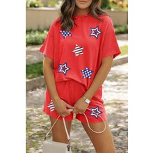 Orange Sequin USA Flag Star Graphic Corded T Shirt and Shorts Set