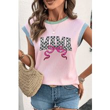 Pink MAMA Bow Graphic Contrast Trim Cap Sleeve 3D Rib T Shirt