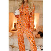 Orange Halloween Print Lapel Shirt Long 2pcs Pajama Set
