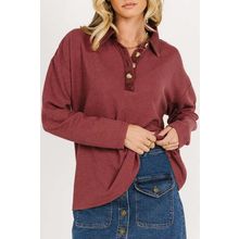 Red Dahlia Solid Color Long Sleeve Thermal Knit Polo Collar Patchwork Top