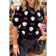 Black Short Puff Sleeve Bow Knot Plush Skeleton Halloween Sweater