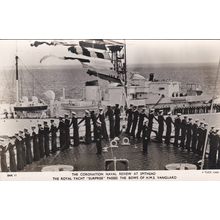 ED45 CORONATION REVIEW AT SPITHEAD. ROYAL YACHT PASSING HMS VANGUARD RP POSTCARD