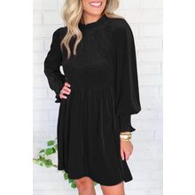 Black Frilled Neck Smocked Bodice Velvet Dress