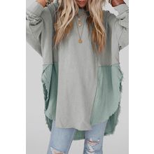 Grey Crinkle Splicing Raw Hem High Low Oversized Blouse