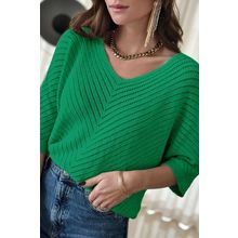 Green Half Sleeve V Neck Pointelle Knitted Sweater Top