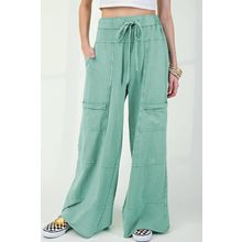 Mint Green Mineral Wash Exposed Seam Drawstring High Waist Wide Leg Cargo Pants