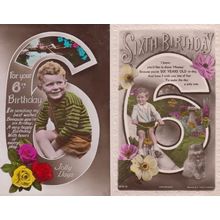 Bicycle Rowing Boat Childrens Antique Happy 6th Sixth Birthday RPC 2x Postcard