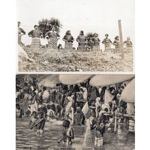 Bathing Sun Worshiping Ganges Benares India Old Postcard & Bonus Rare RPC