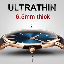 Blue Thin 6.5 mm Face Black Genuine Leather Strap Fitted Rose GOLD BUCKLE Watch