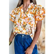 Russet Orange Ruffled V Neck Scalloped Short Sleeve Floral Blouse