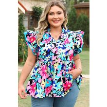 Blue Floral Flutter Sleeve Tied Notched Neck Plus Size Blouse