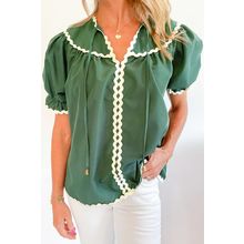 Mist Green Ric Rac Trim Tie Split Neck Short Sleeve Blouse