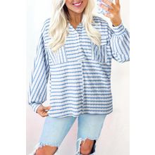 Sky Blue Stripe Half Button Collared Chest Pockets Loose Fit Blouse