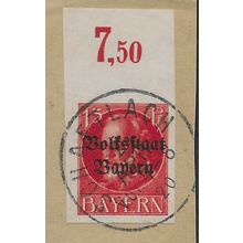 GER (BAVARIA) 1919 15pf KING LUDWIG III' (OVPT)(IMPERFED) FINE USED(EBID65-450)