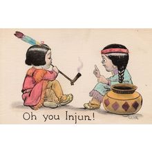 Red Indian Children Smoking Pipe Old Native American Comic Postcard