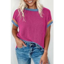 Bright Pink Textured Contrast Trim Round Neck T Shirt
