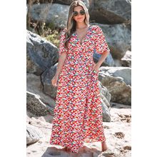 Red Floral Half Sleeve Deep V Neck Cutout Back Split Maxi Dress