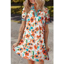 Orange Contrast Trim Floral Split Neck Puff Short Sleeve Tiered Mini Dress