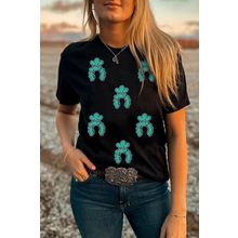 Black Western Turquoise Pattern Sequin Patched T Shirt