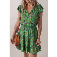 Green Floral Tie Split Neck Frilly Ruffle Trim Tiered Short Dress