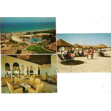 3 postcards lot Tunisia Sousse Hotel Tour Khaef aerial view interior beach