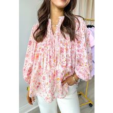 Pink Floral Print Tassel Tie Smocked V Neck Puff Sleeve Tunic Blouse