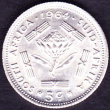 1964 South Africa 5 Cents Silver Coin