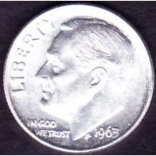 1963 USA 10 Cents Silver Coin Roosevelt