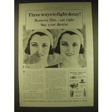 1931 Pepsodent Toothpaste Ad - Three ways to fight decay! Remove film