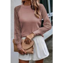 Pink Black Striped Mesh Long Sleeve Crewneck Ribbed Top