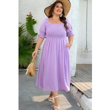 Wisteria Swiss Dot Smocked Frilled Neckline Short Sleeve Plus Size Dress
