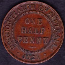 1921 Australia 1 Half Penny Coin