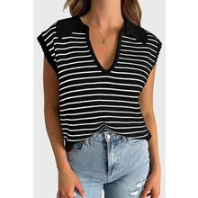 Black Stripe Turn-down V Neck Sweater Tank Top